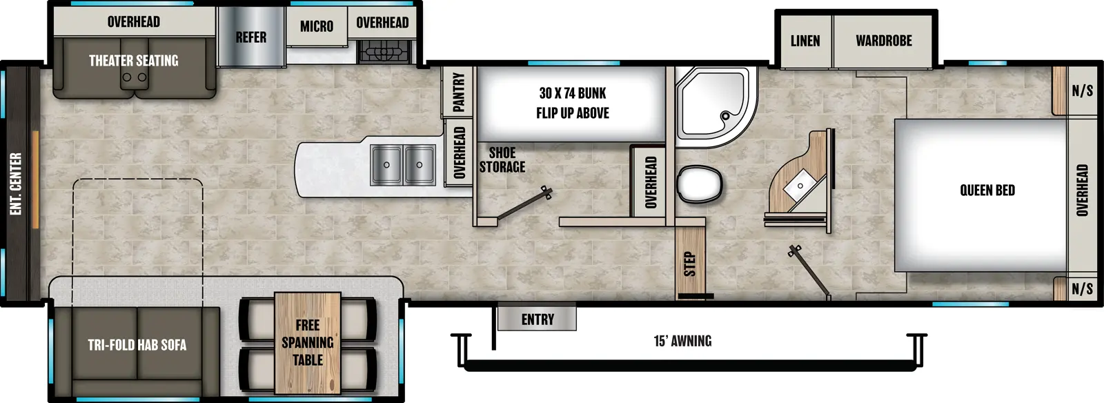The Phoenix 30BHS floorplan has one entry and three slide outs. Exterior features include: fiberglass exterior and 15' awning. Interiors features include: bunk beds, free-standing dinette option, front bedroom and rear living.
